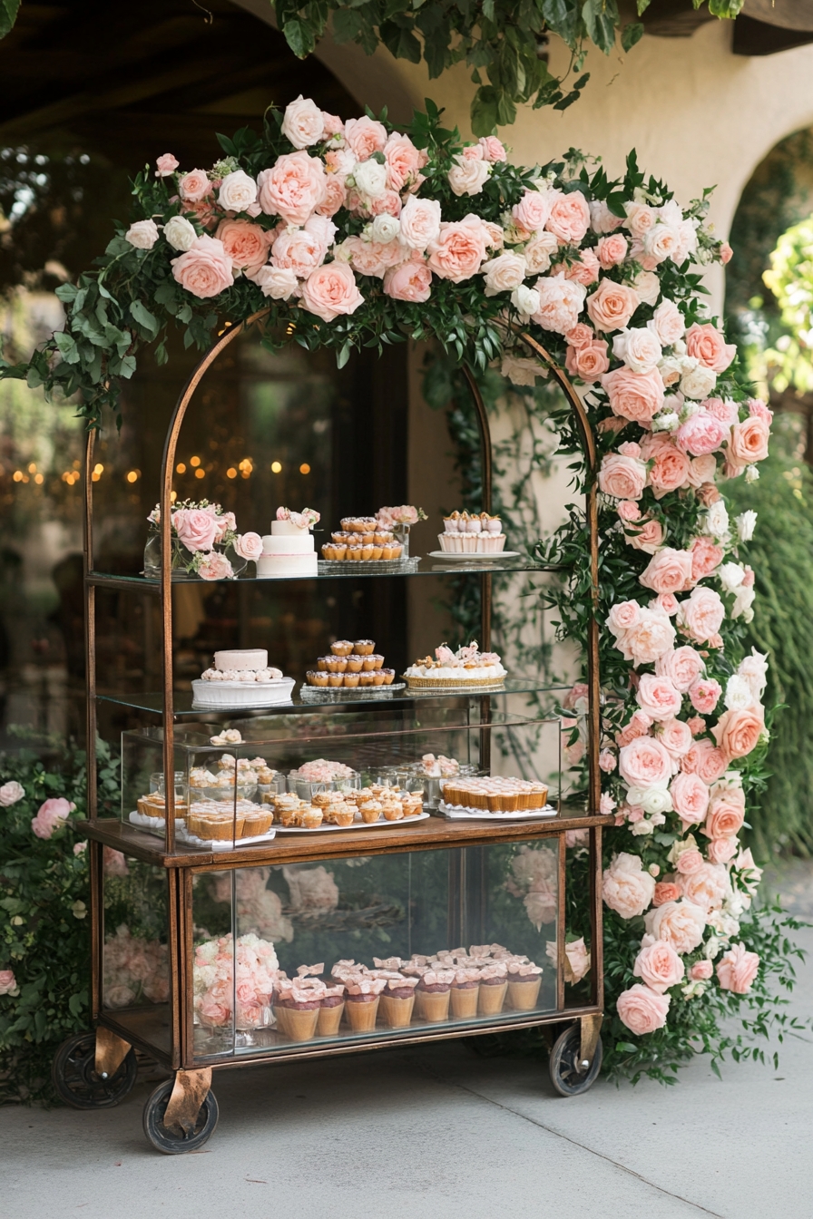 Dessert Stand Out with a Floral Arch Cart