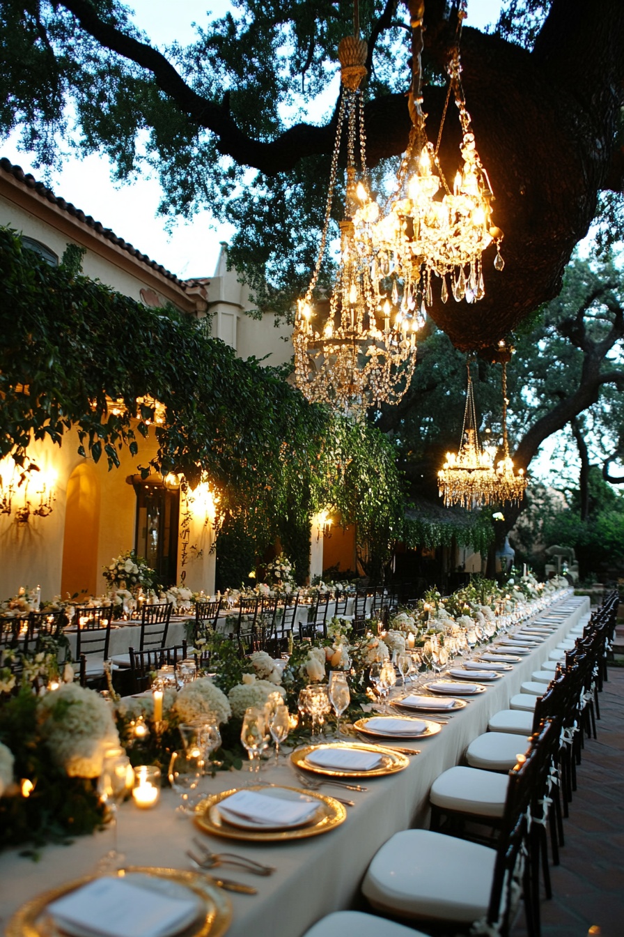 Dine Under Crystal Chandeliers in a Garden Courtyard