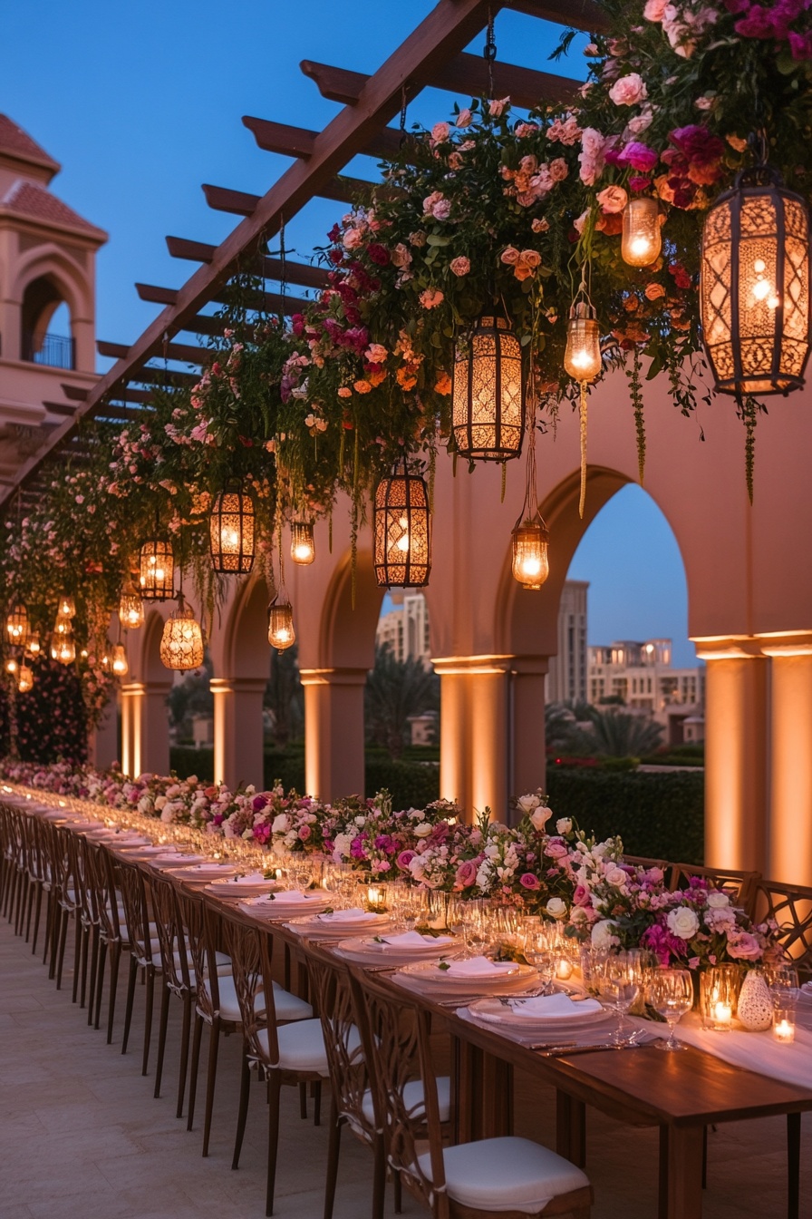 Romantic Courtyard Reception Featuring Hanging Lanterns
