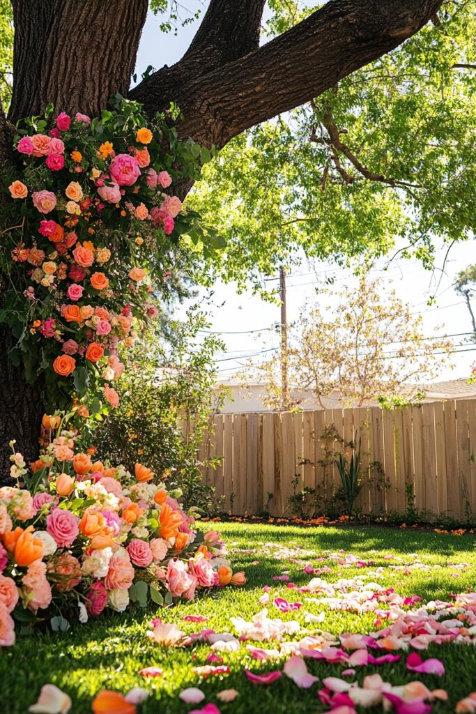 Garden with a Vibrant Floral Tree Canopy