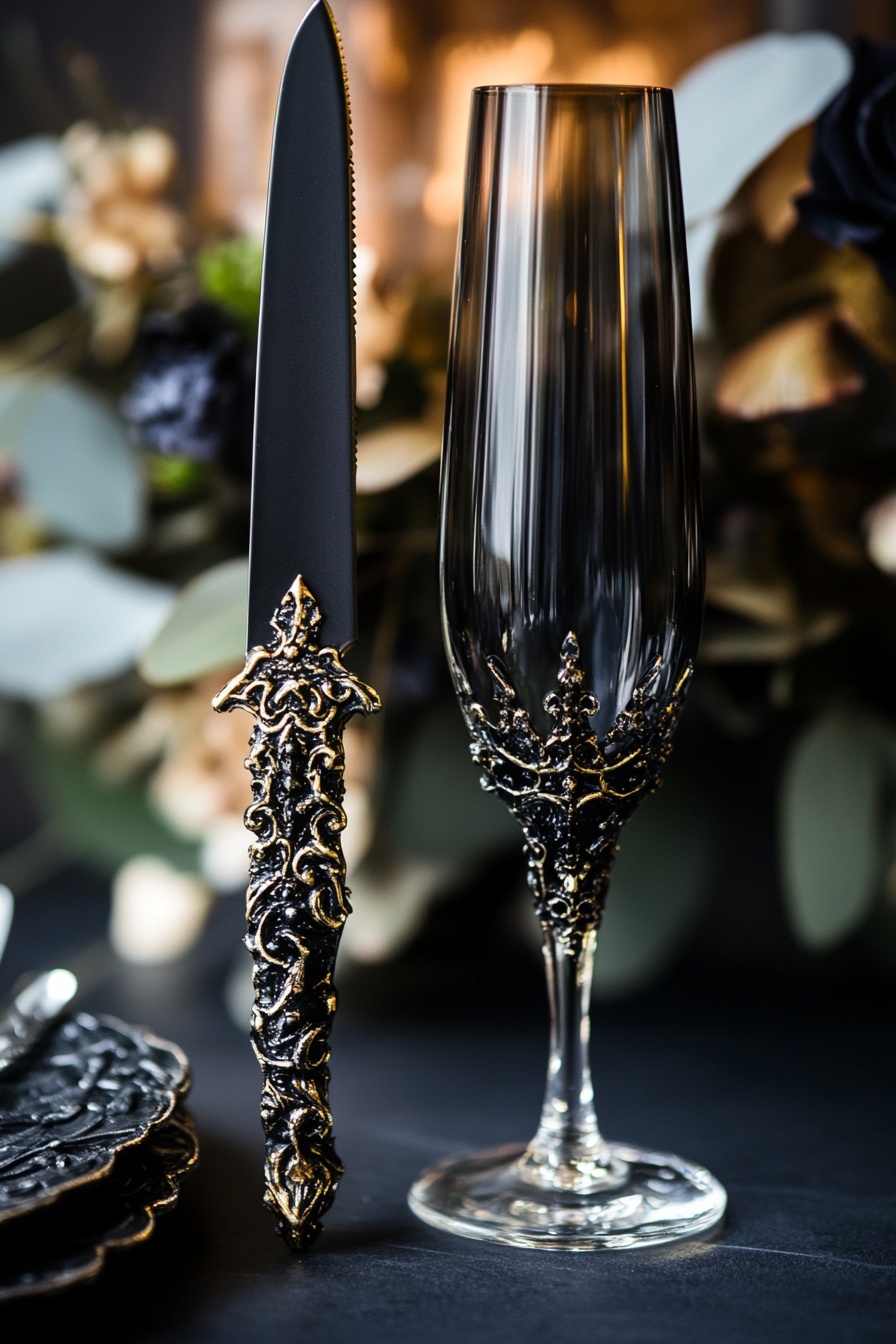 8. Luxurious Gothic Champagne & Knife Set
