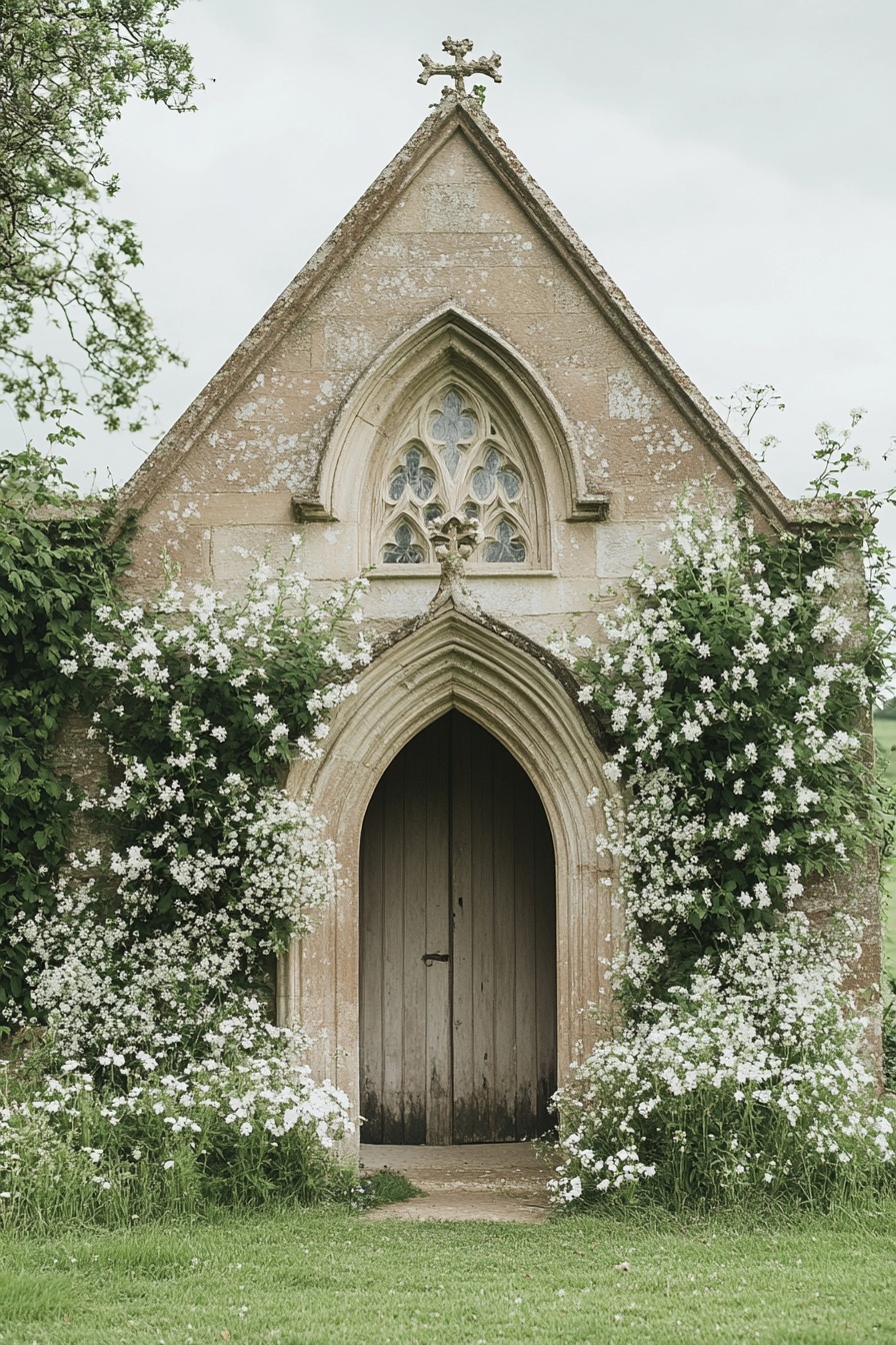 Chapel Entry Framed by Blooming Vines