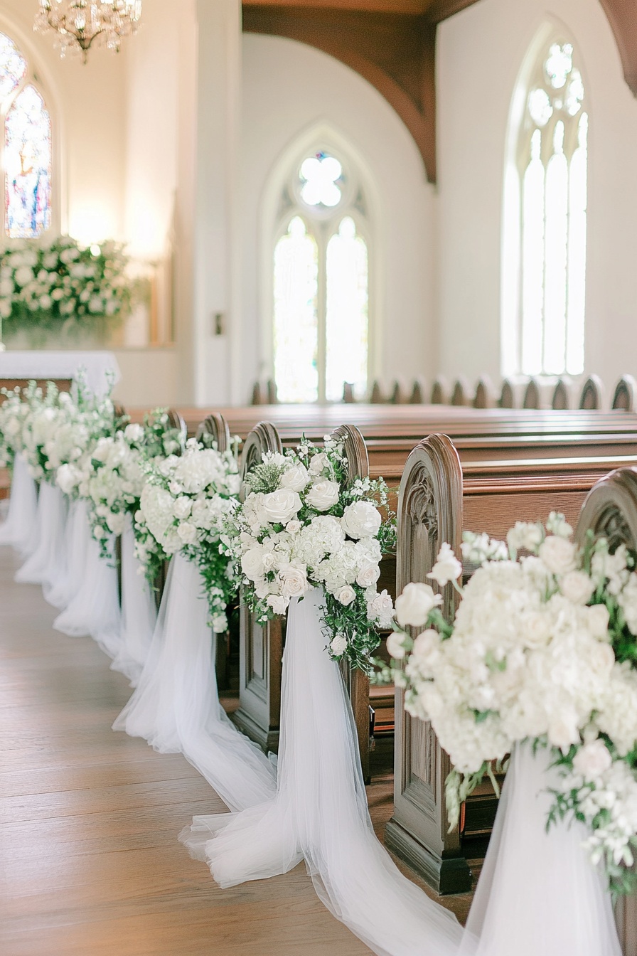 Romantic Church Aisle with Floral and Tulle Accents