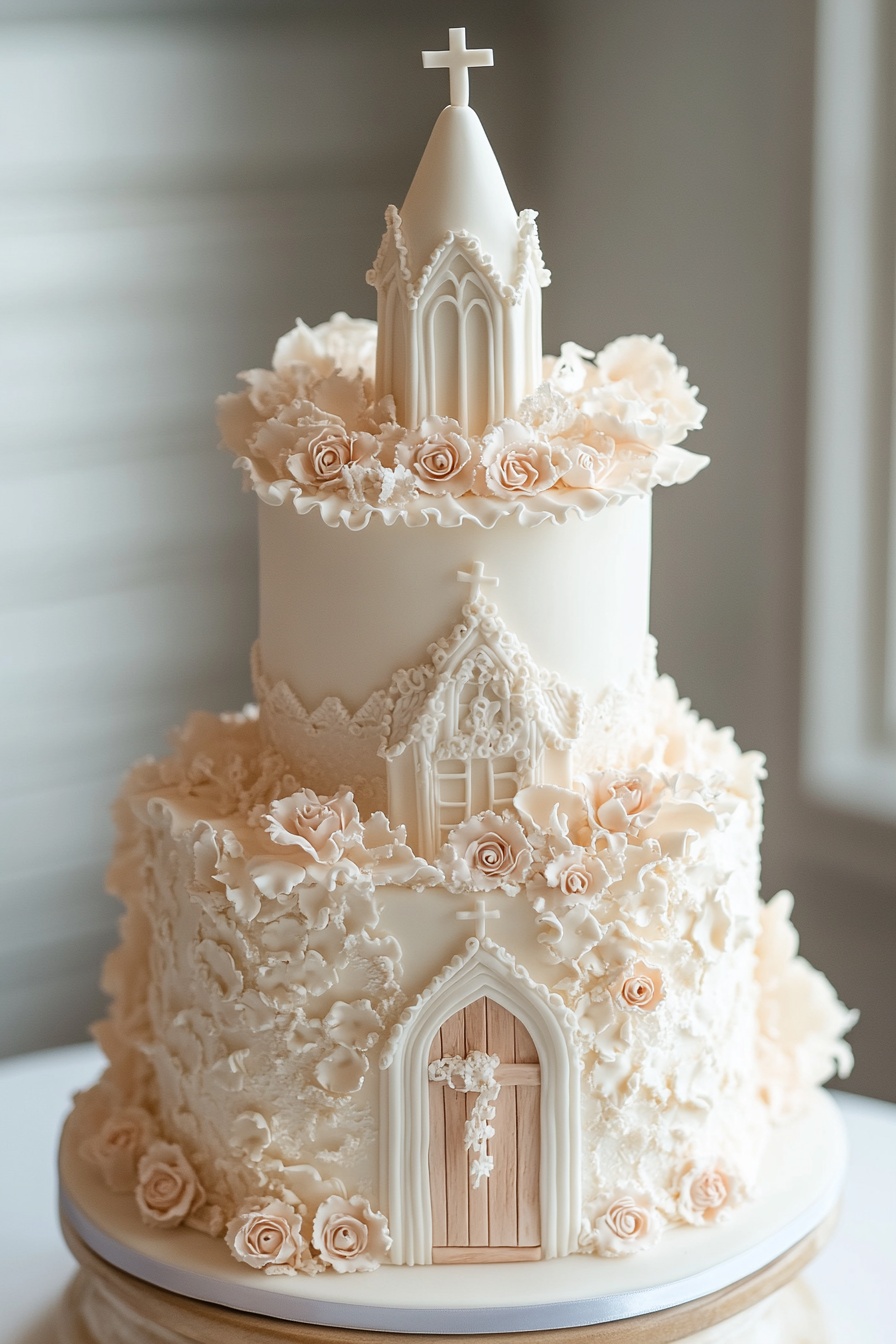 Fairytale Wedding Cake with Chapel-Inspired Topper