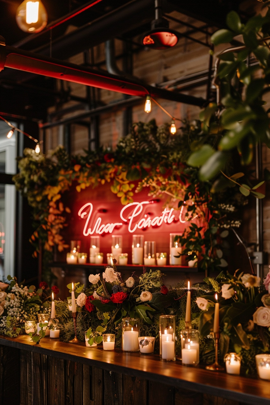 Moody, Neon-Lit Wedding Bar Setup