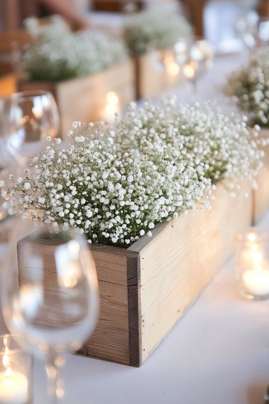 White Blooms in Rustic Boxes
