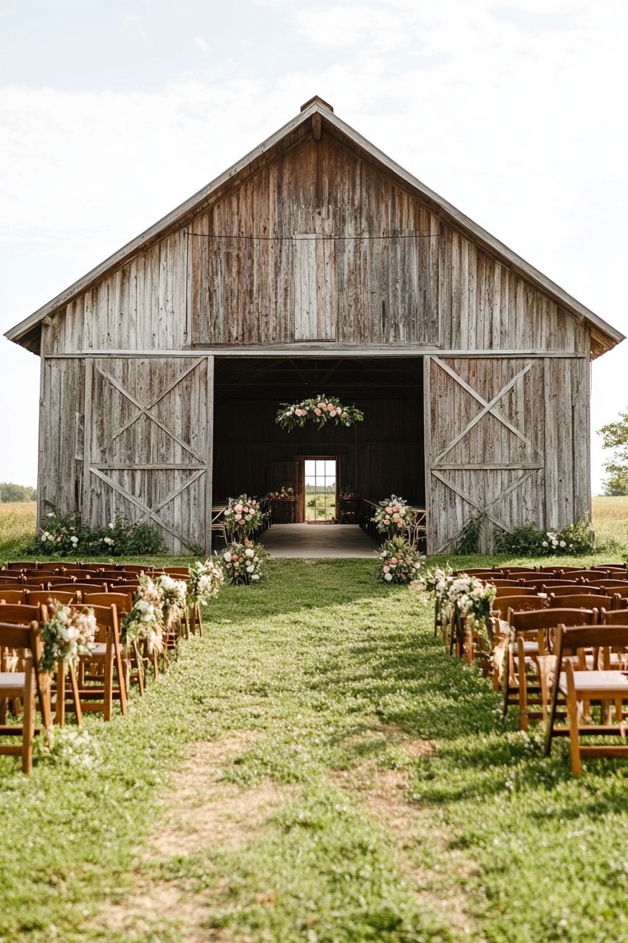 Beautiful Barn Wedding Entrance with Flowers