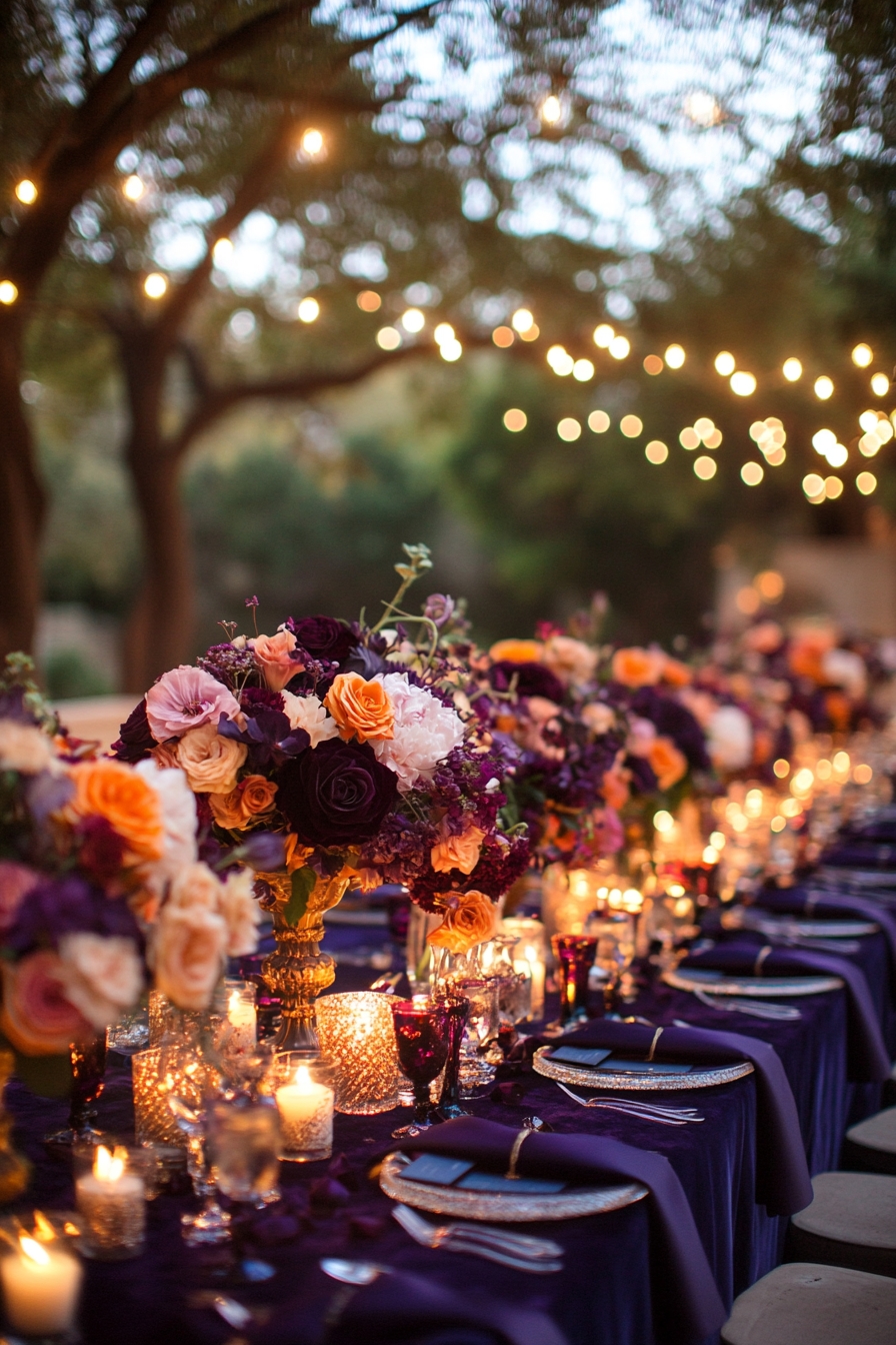 Luxurious Floral Dining Under Twinkling Lights