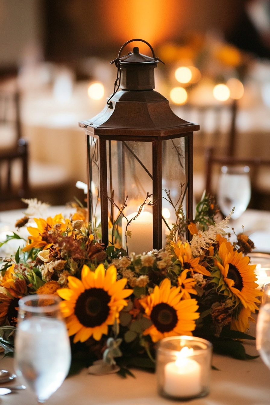 Lantern Surrounded by Sunflowers