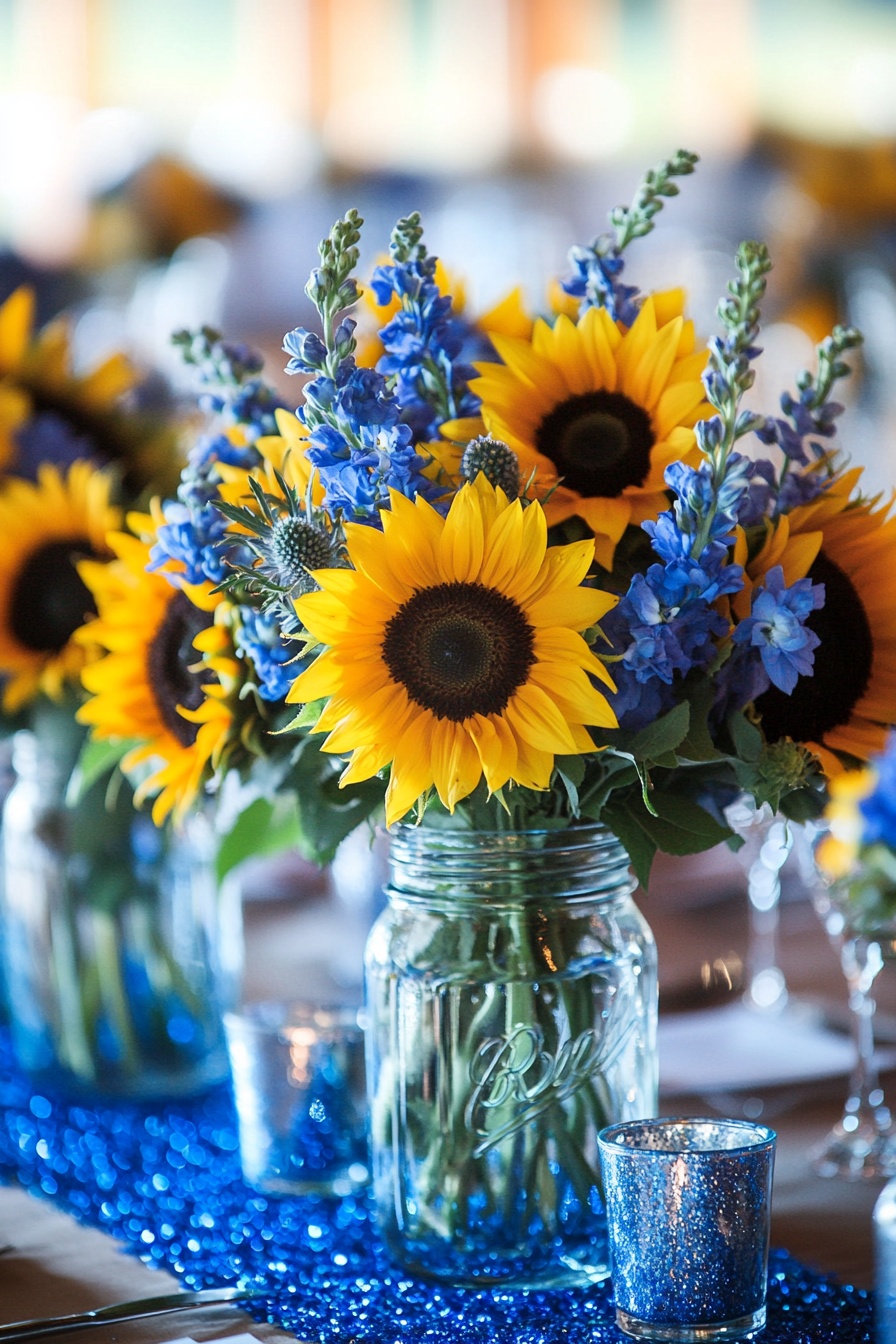 Sunflowers and Blue Delphiniums for a Festive Table