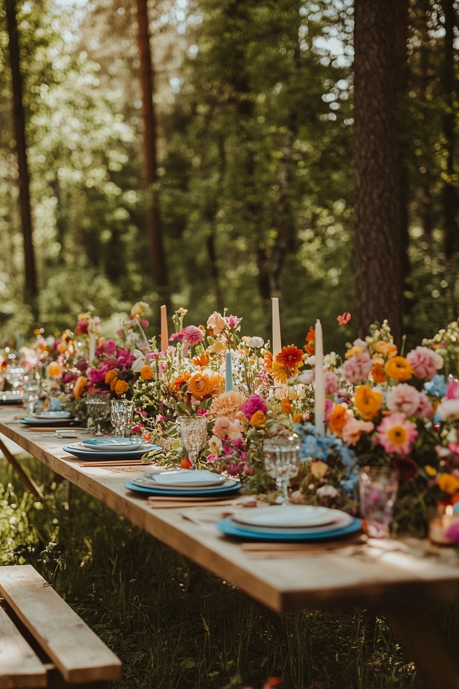 Garden Wedding Table Styled with Colorful Flowers and Candles