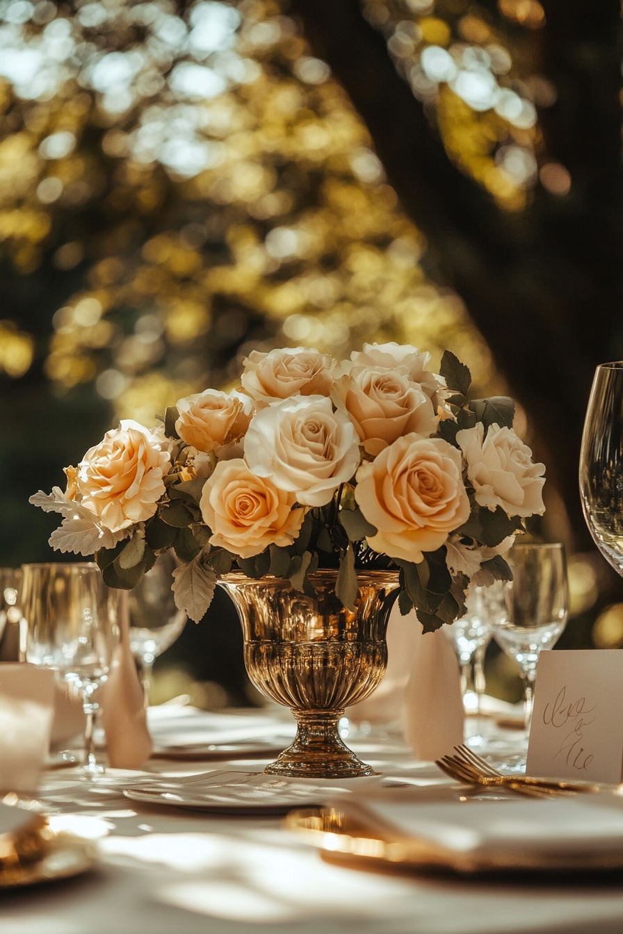 Table Setting with Ivory Roses and Gold Accents