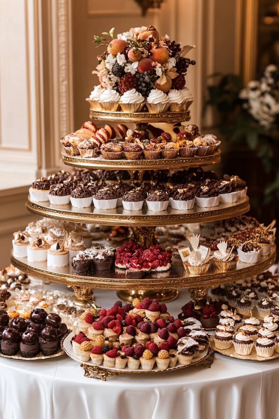 Wedding Dessert Display Featuring Cupcakes and Fruits