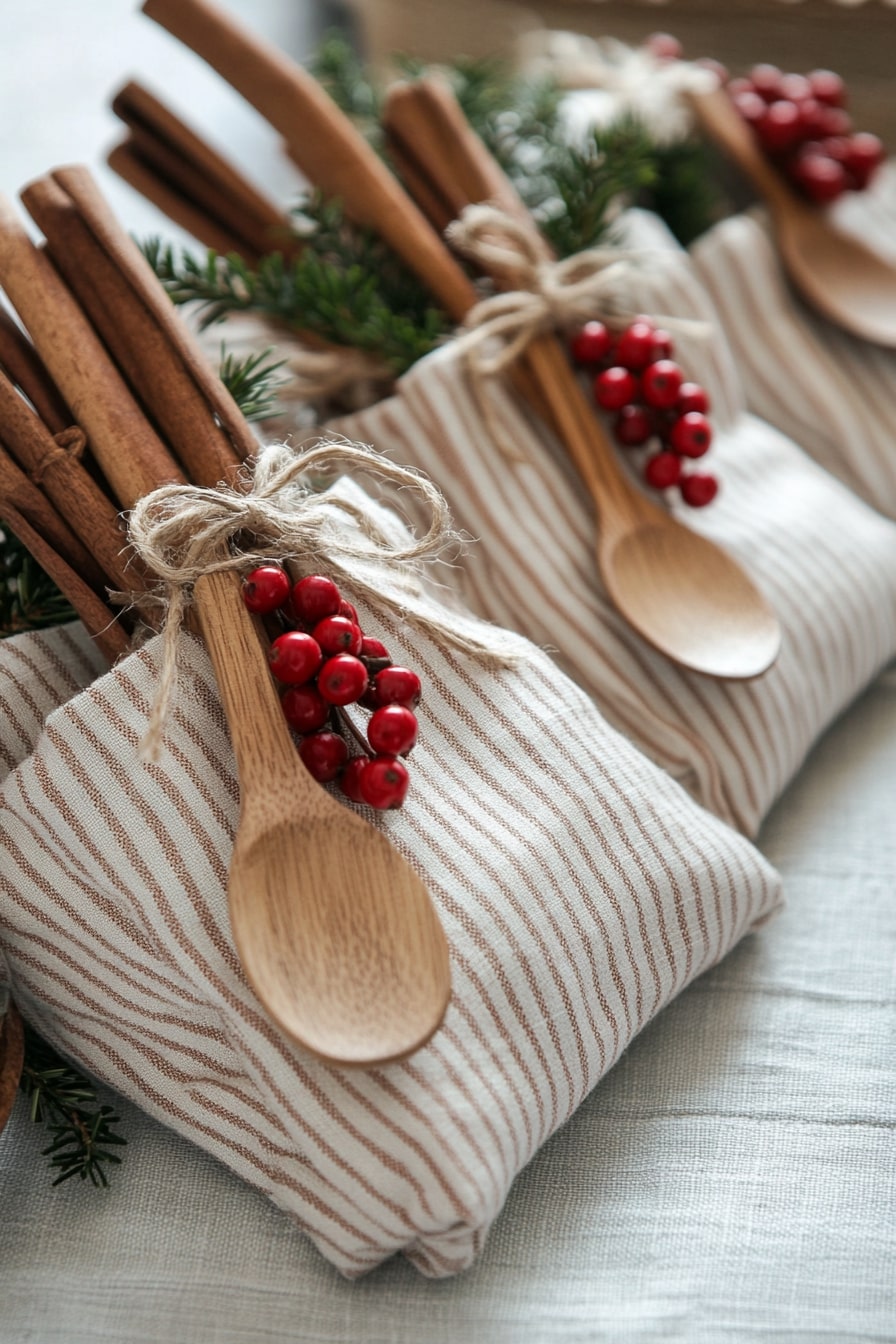 small striped linen bags with wooden tags