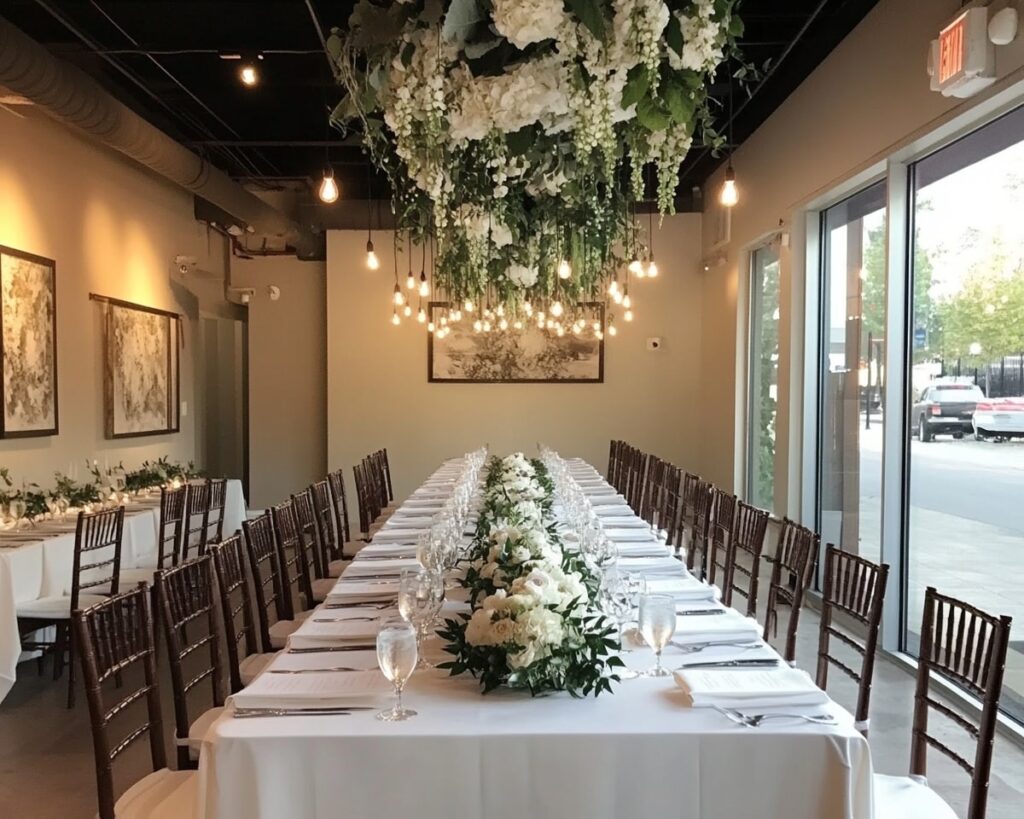 Dinner Arrangement with Floral Chandeliers