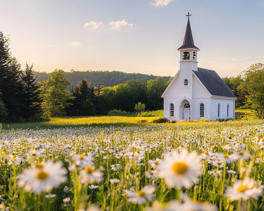Small Church Wedding in a Field of Daisies