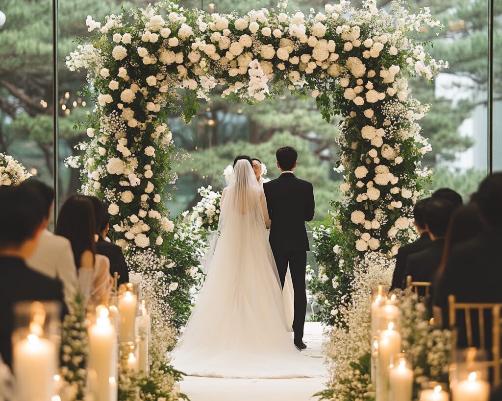 Church Wedding Framed by White Blossoms
