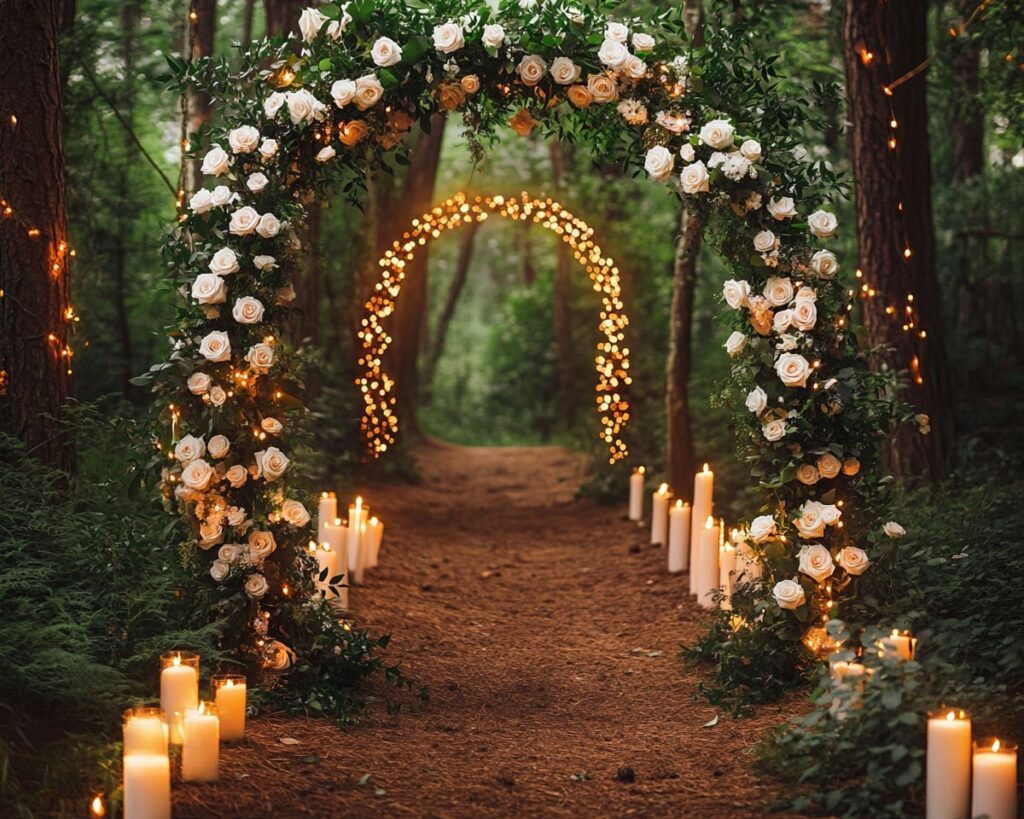 Arch with Roses, Candles, and Twinkling Lights