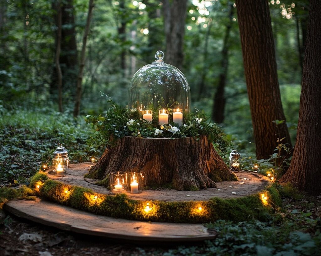 Woodland Candle Display on a Tree Stump