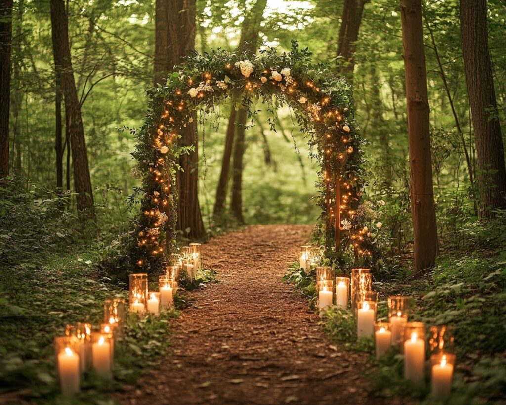 Glowing Floral Arch and Candlelit Aisle
