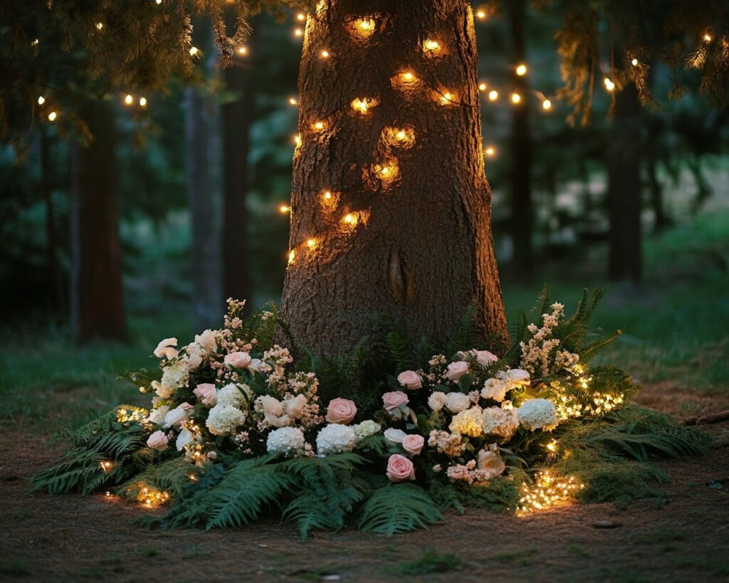 Floral-Filled Tree Base and Twinkle Lights
