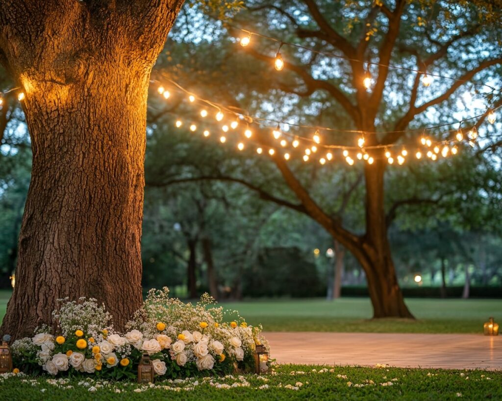 Hanging Lights and Blossoming Ground Arrangements