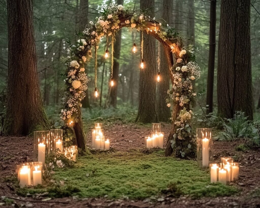 Rustic Floral Arch and Hanging Lights