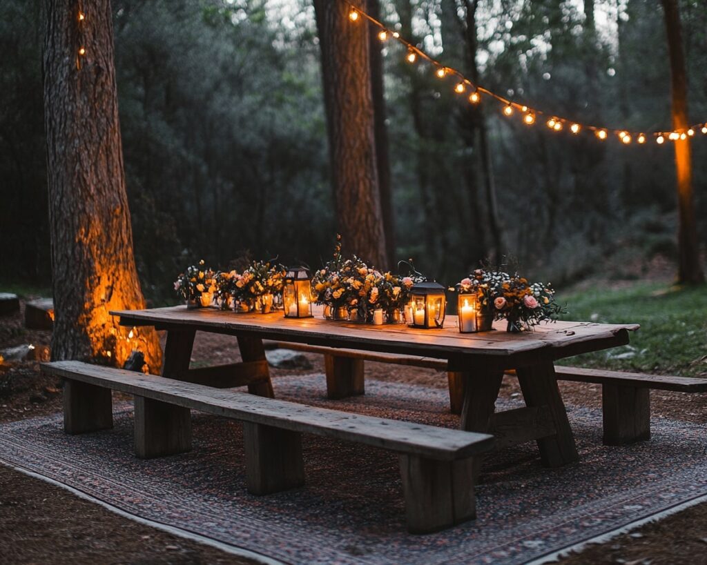 Dinner with String Lights and Wooden Benches