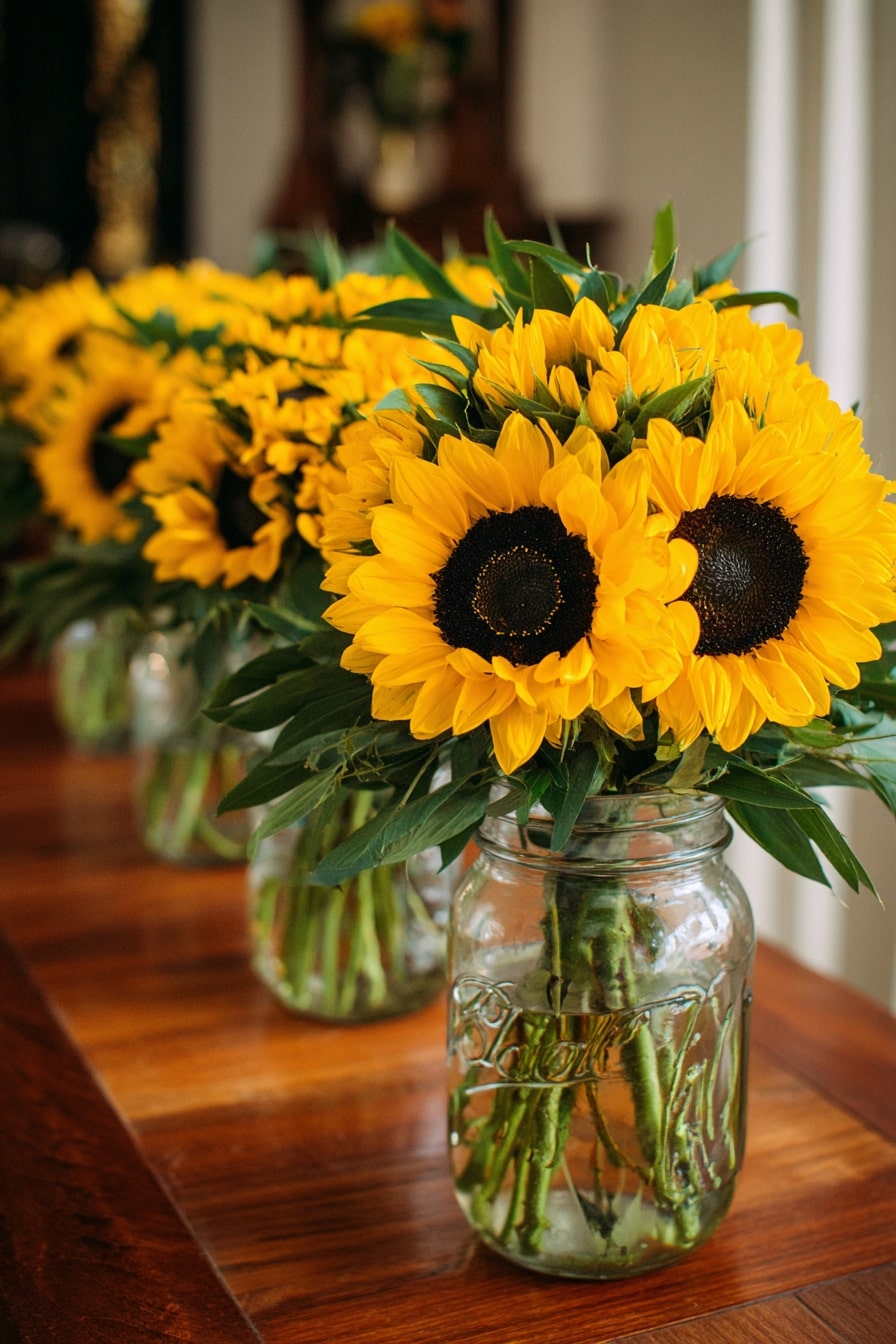 Brighten Wedding Tables with Sunflower Mason Jar Arrangements