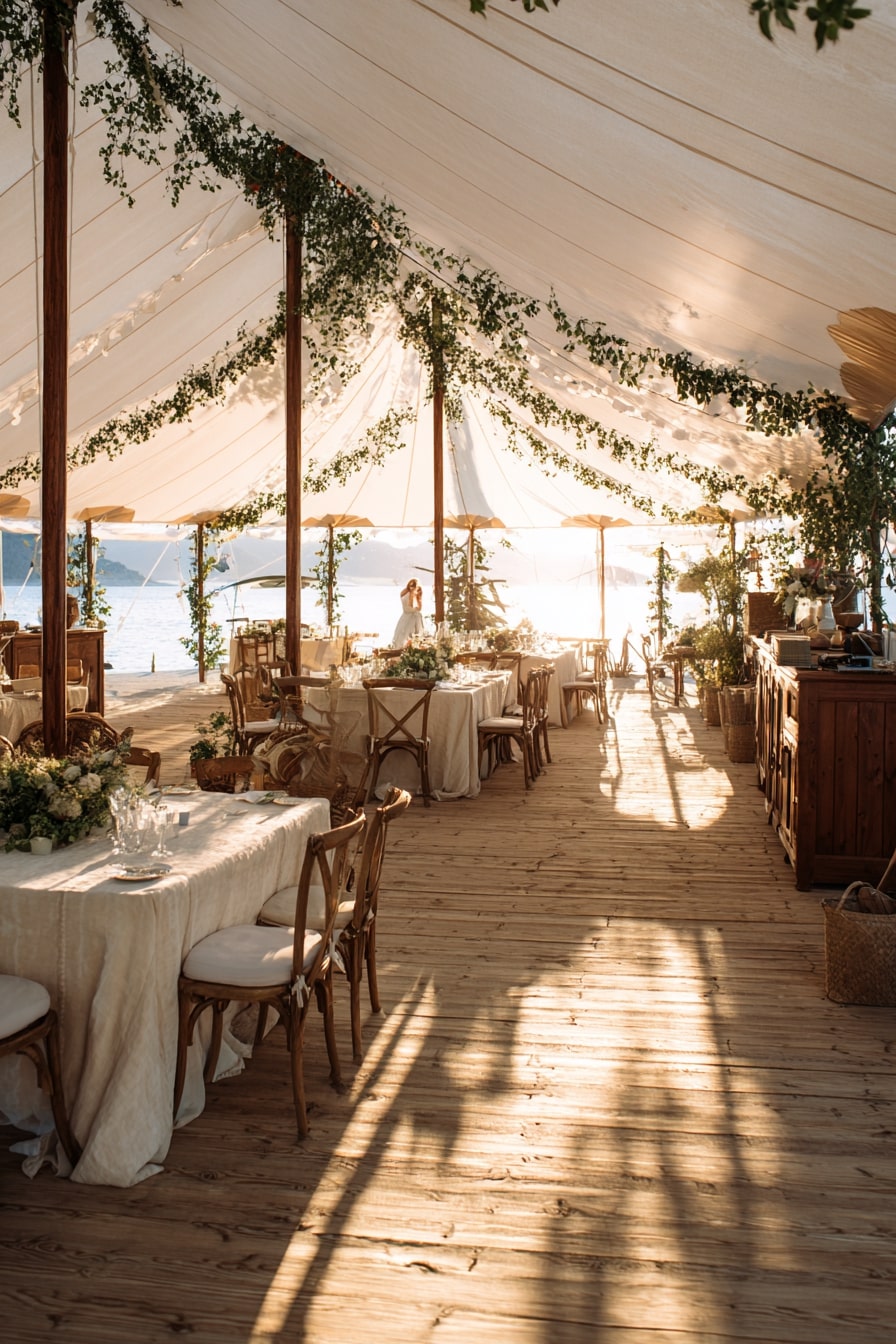 Wrap Tent Poles with Greenery Garlands for Coastal Charm
