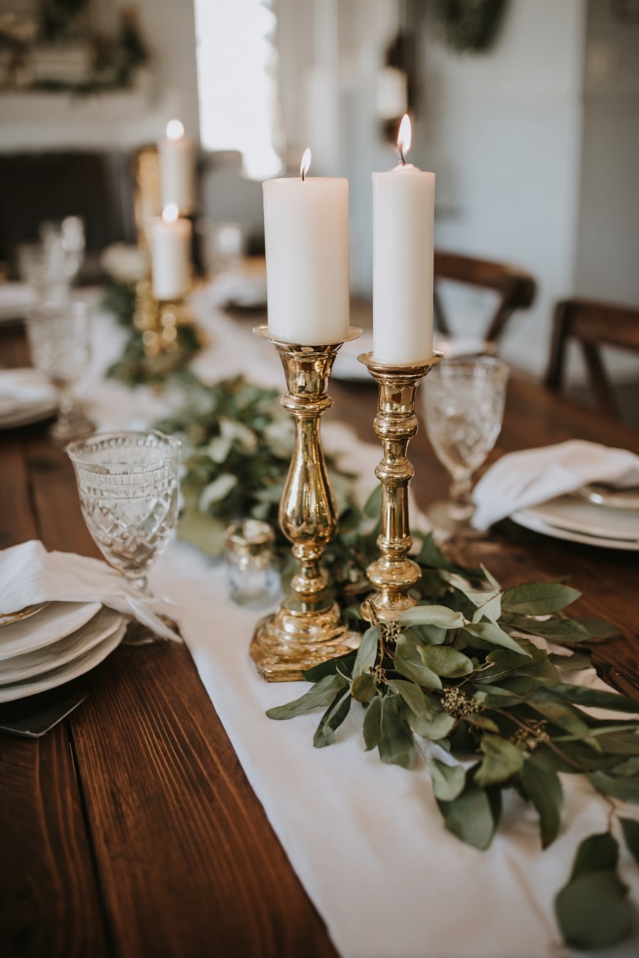 Pair Brass Candlesticks with Eucalyptus Garlands for Timeless Glow