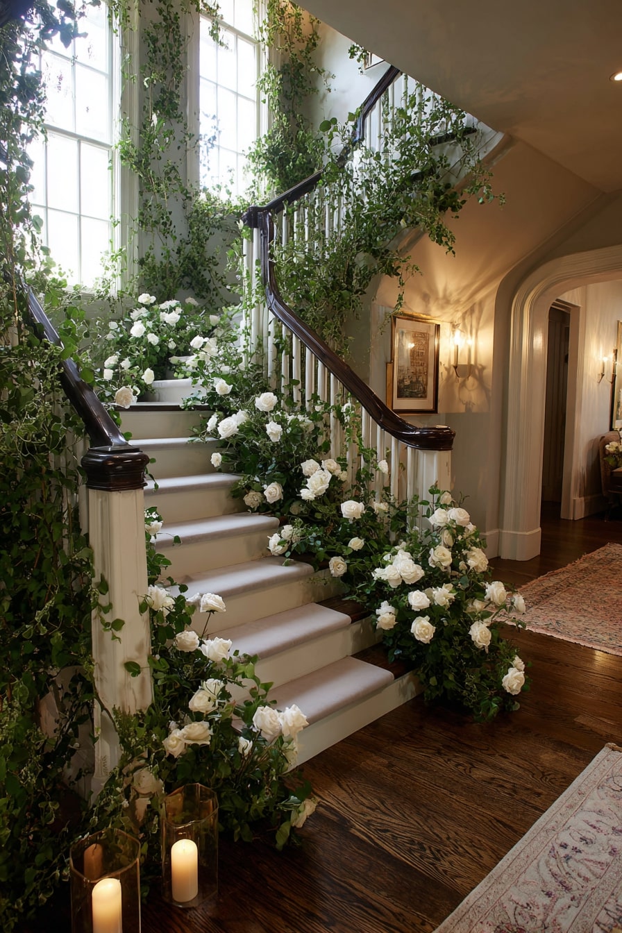 Drape Staircases with Rose and Greenery Garlands for Grand Entry Impact