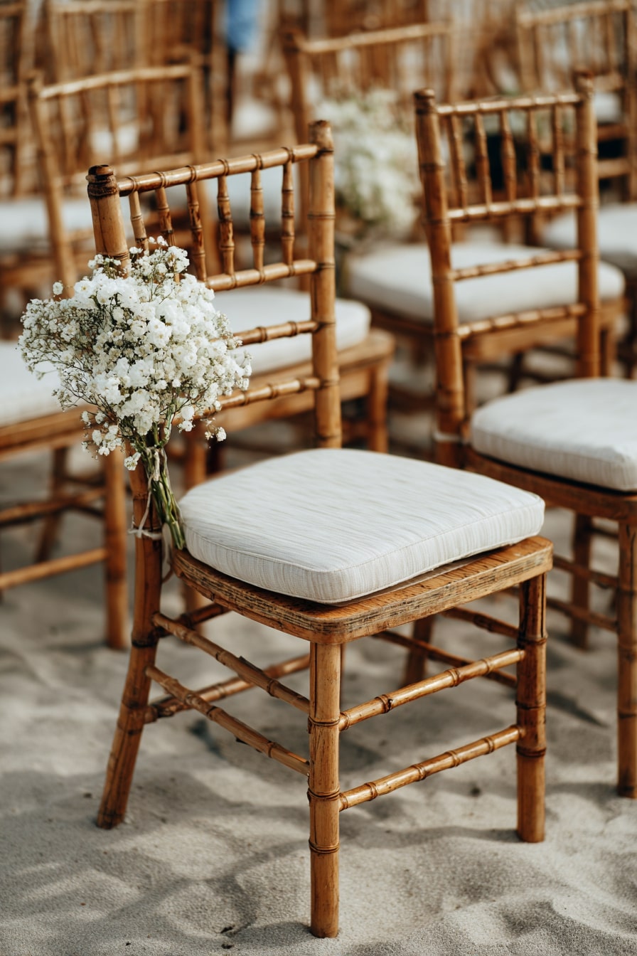 Dress Bamboo Chairs with Baby’s Breath for Airy Charm