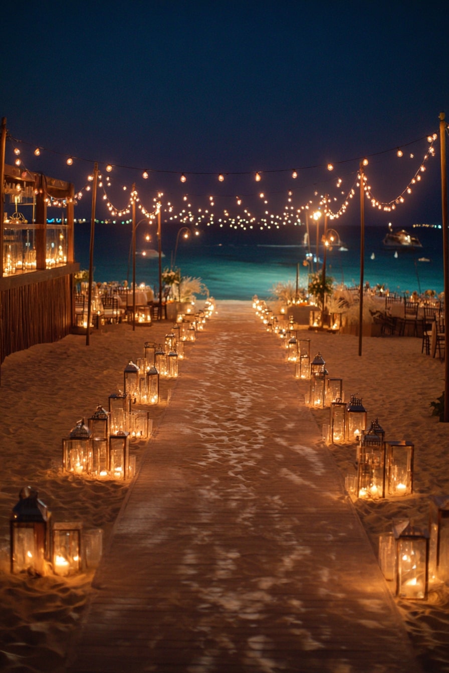 Light a Sandy Aisle with Lanterns and String Bulbs