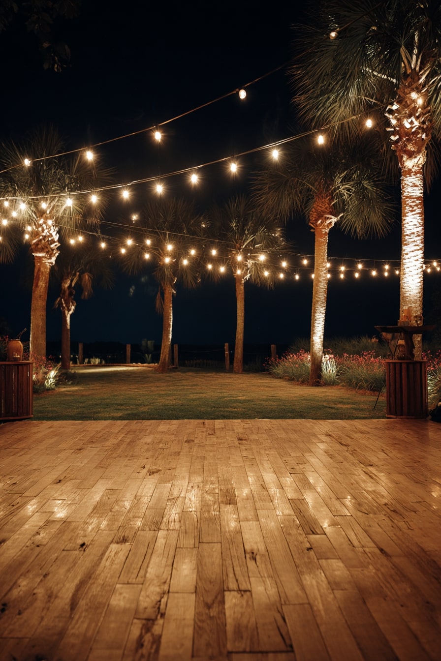 Hang String Lights Between Palms for an Open-Air Dance Floor