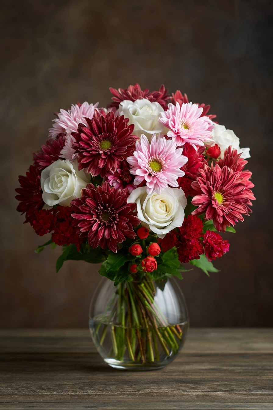 White Roses with Burgundy Mums
