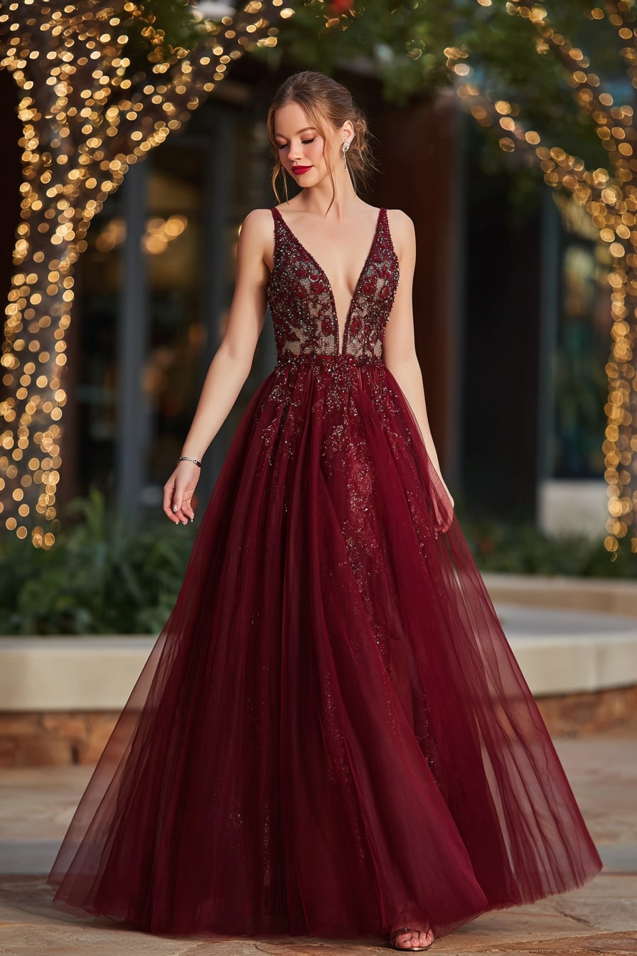 Evening Glamour with a Burgundy Beaded Gown