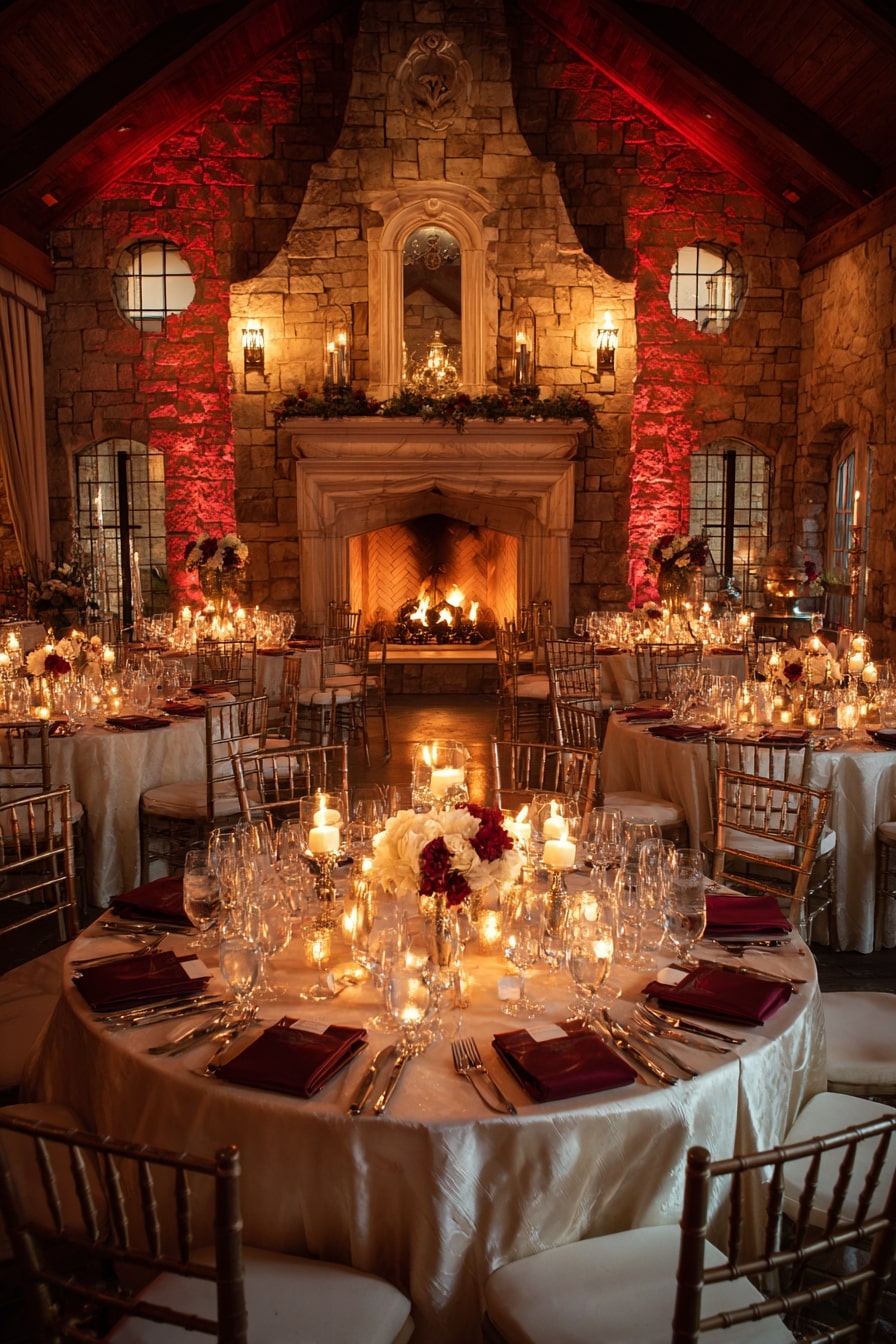 Candlelit Tables with Burgundy Napkins