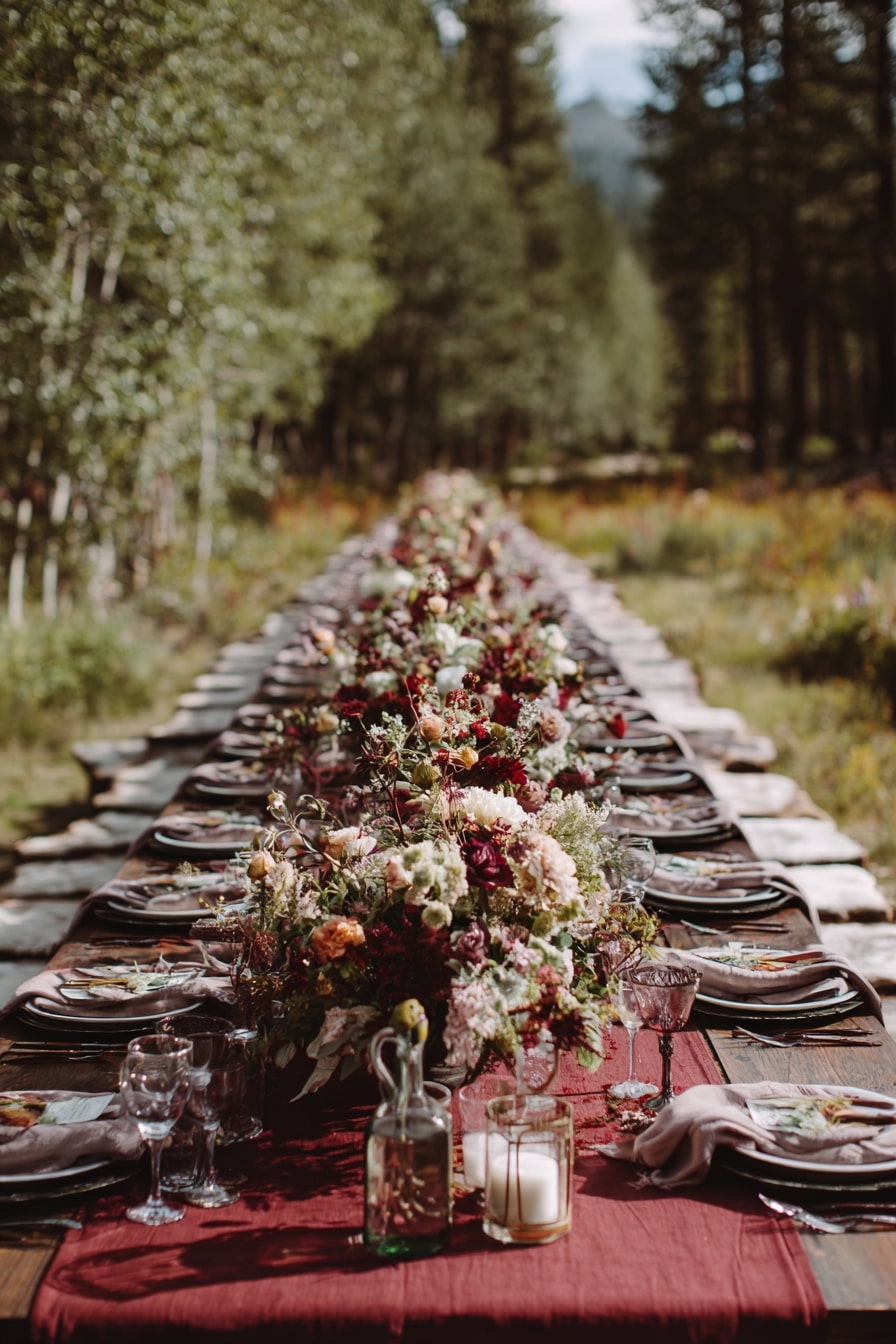Burgundy Runners Down a Farm Table for Rustic Flow