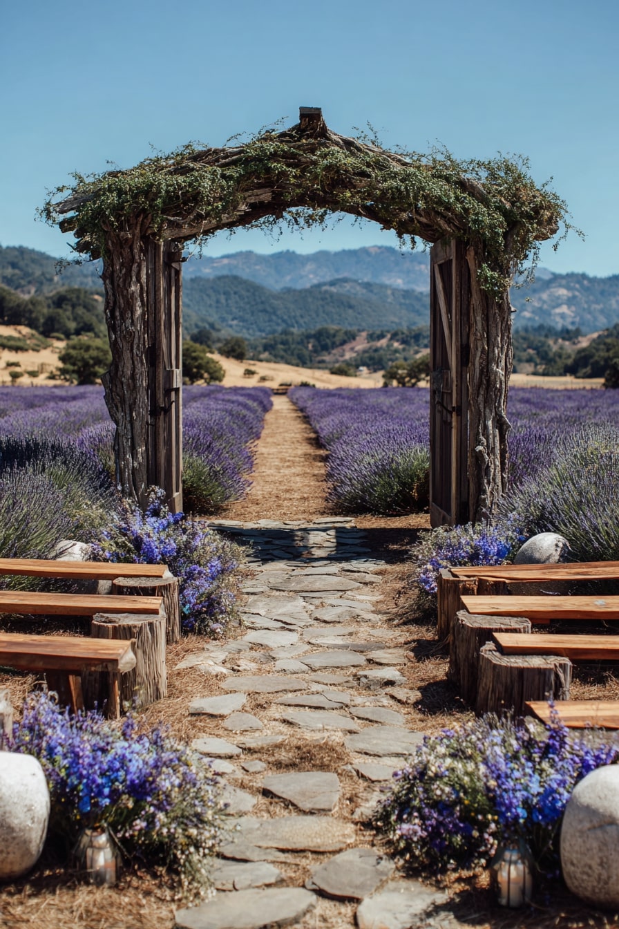 Wild Lavender Rows and Rustic Wood Seating