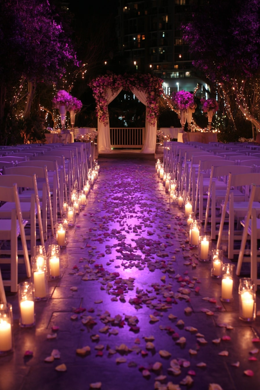 Lavender Uplighting and Glass Candle Rows