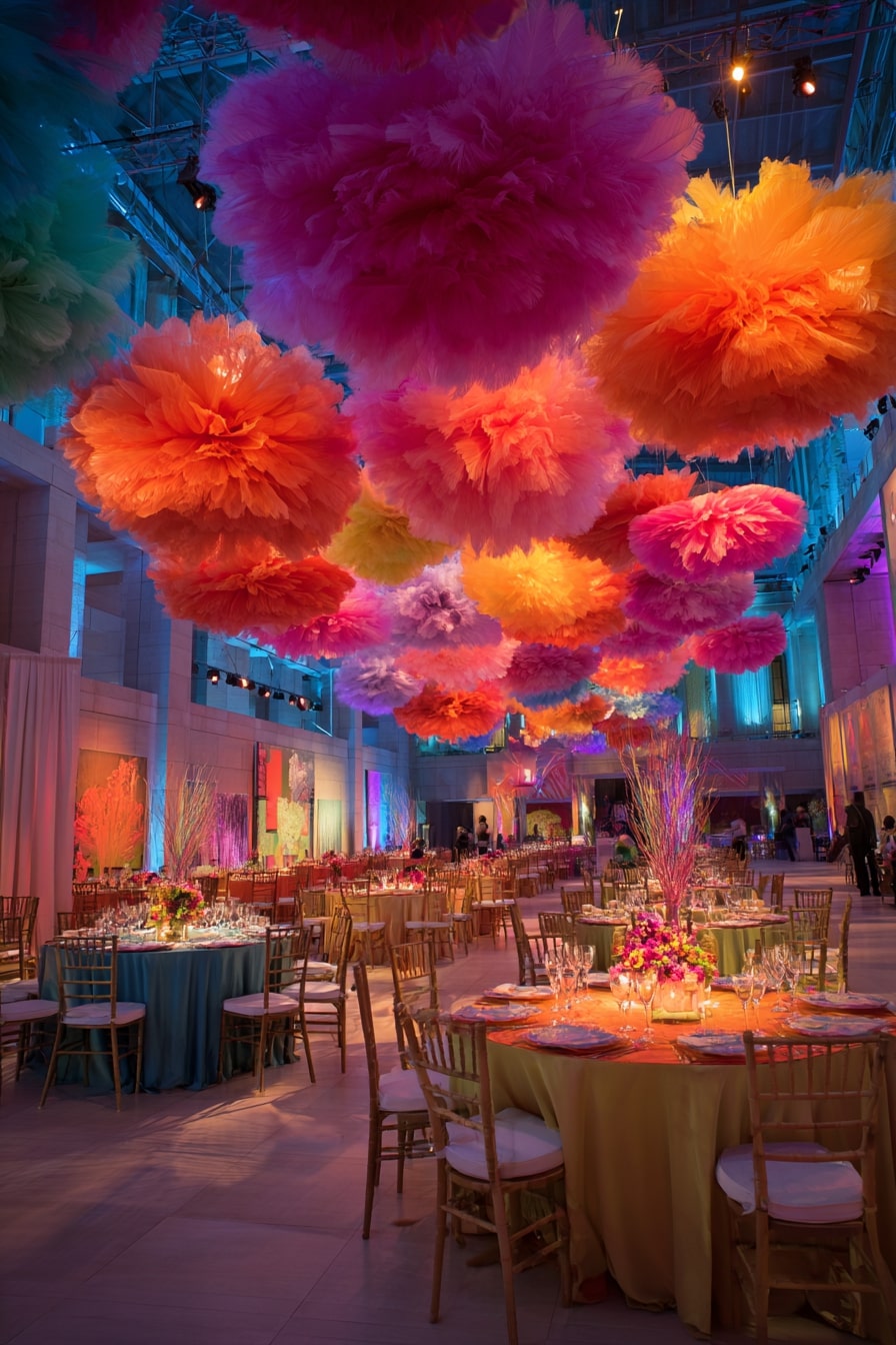 Oversized Tulle Bursts for a Playful Ceiling Installation