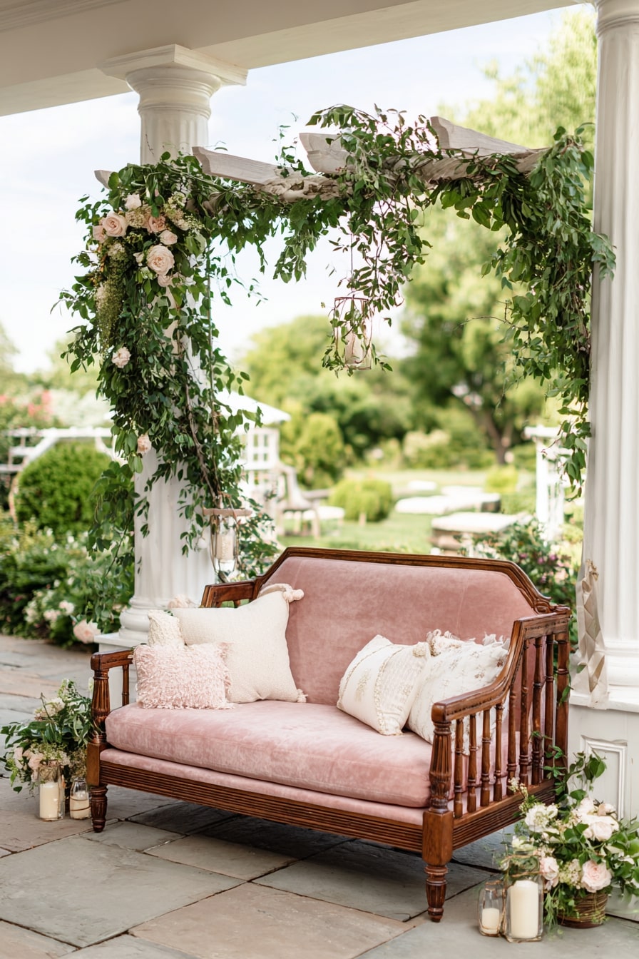 Anchor Lounge Spaces with Blush Velvet and Greenery