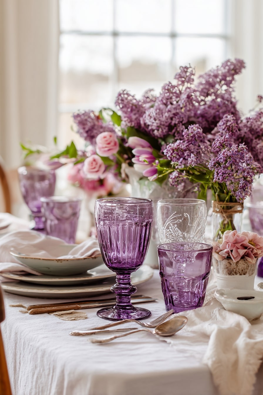 Mix Lilac Glassware with Wild Blooms for Vintage Softness