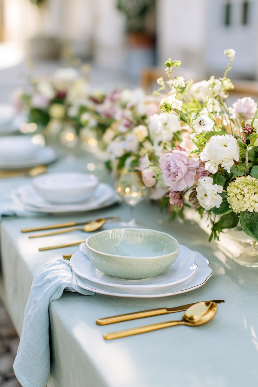 Pair Mint Table Linens with Gold Flatware for Polished Softness