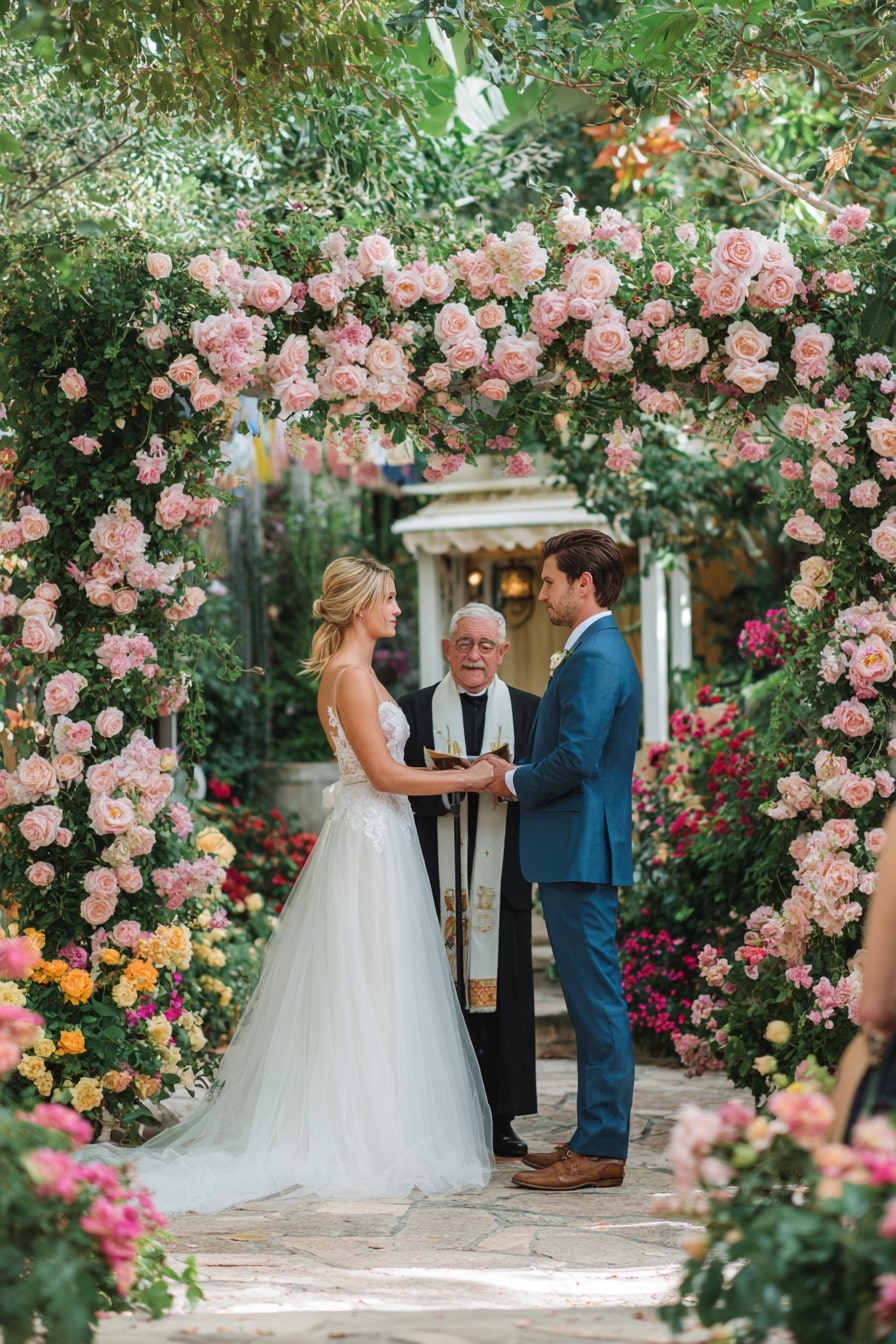 Frame a Garden Arch with Climbing Roses for a Soft Outdoor Ceremony