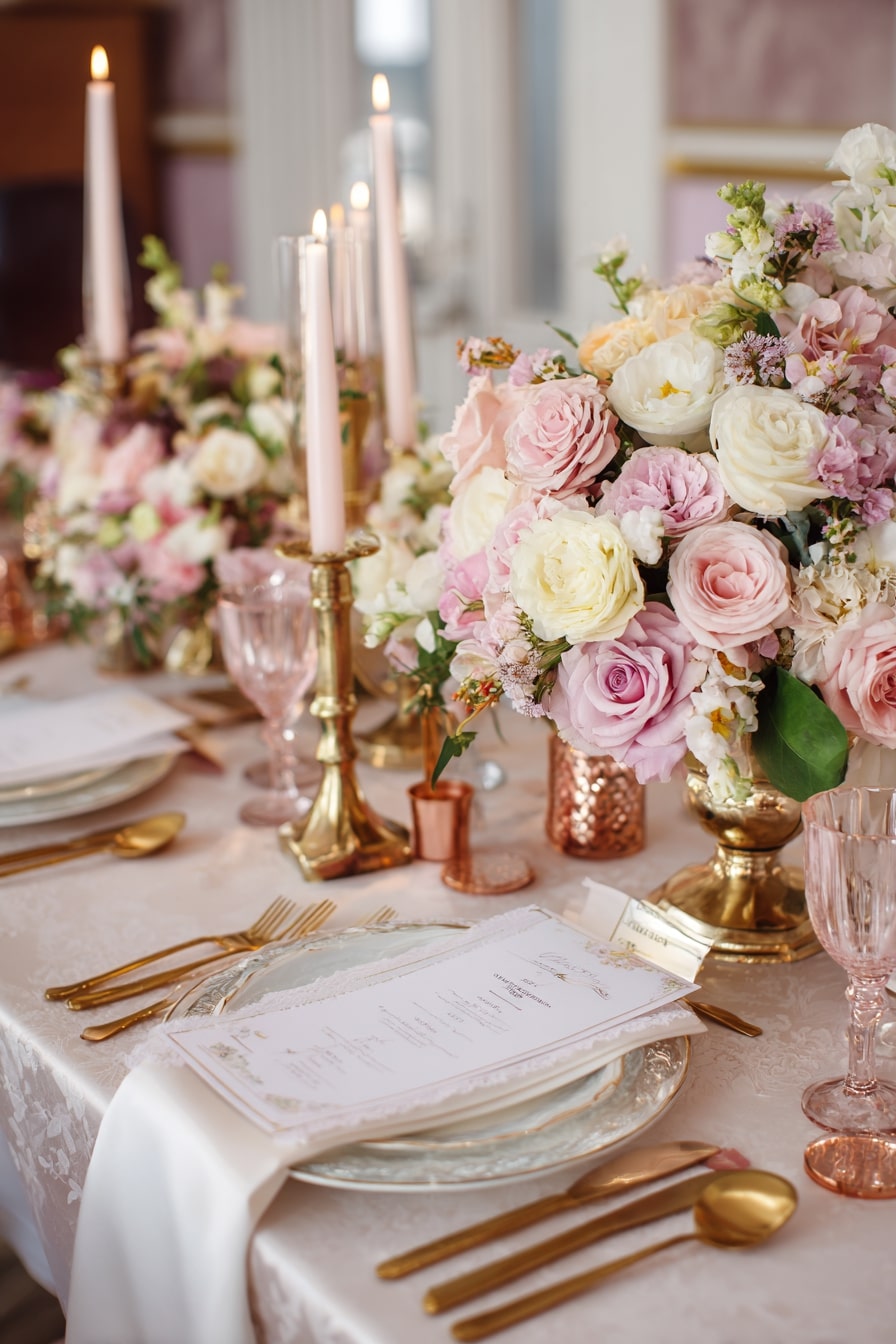 Pair Blush Florals with Brass Candlesticks for Vintage Elegance