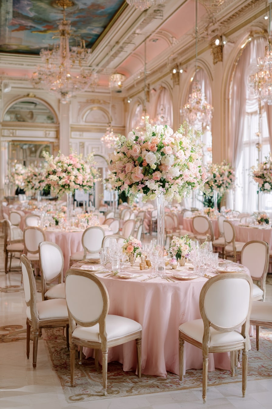 Drape Round Tables in Pink Satin for Ballroom Romance