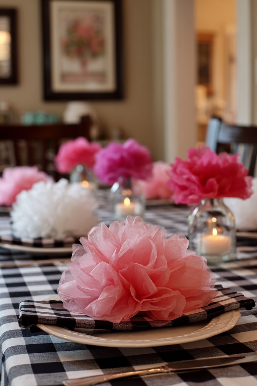 Top Gingham Settings with Tissue Pom Poms for Playful Charm