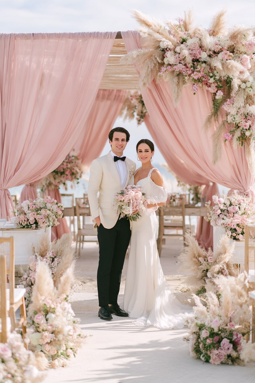 Frame a Ceremony Space with Pampas and Pink Drapes for Airy Elegance